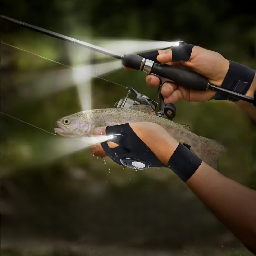 LED Işıklı Çift El Tamirci & Balıkçı Eldiveni – Su Geçirmez | Parmak Ucu Işıklı Eldiven