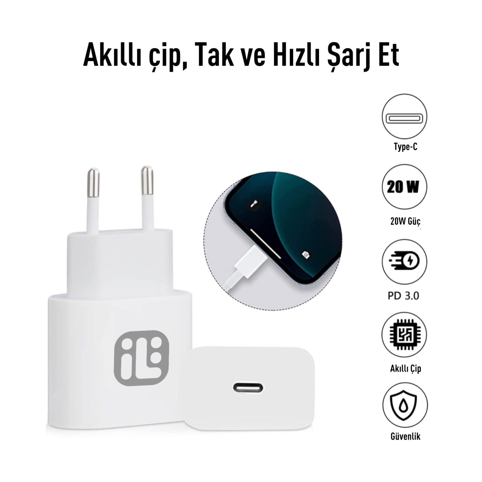 20W Hızlı Şarj Adaptörü – iPhone Tüm Serilerle Uyumlu