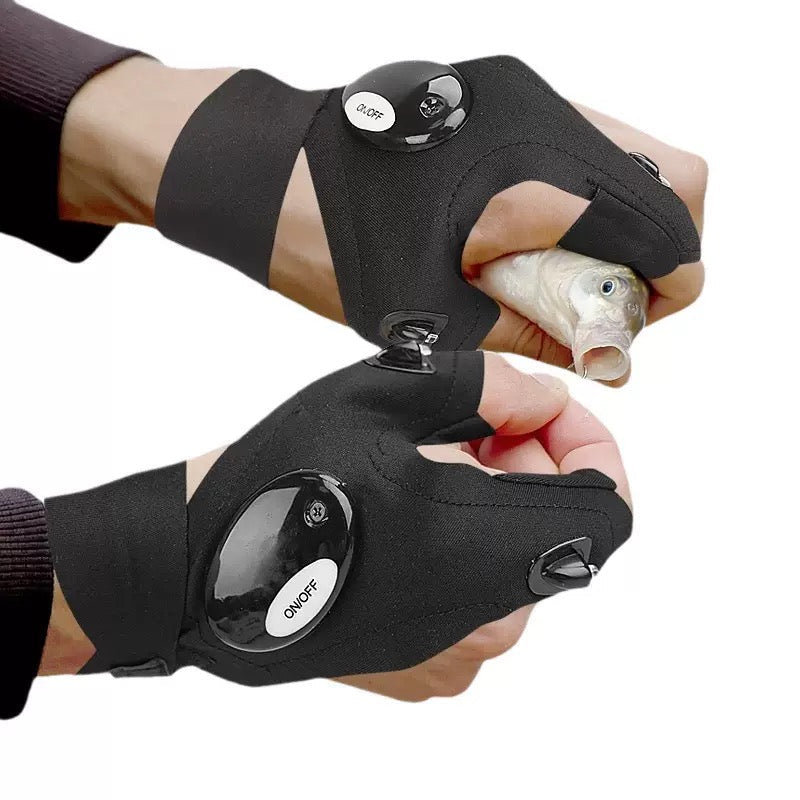 LED Işıklı Çift El Tamirci & Balıkçı Eldiveni – Su Geçirmez | Parmak Ucu Işıklı Eldiven